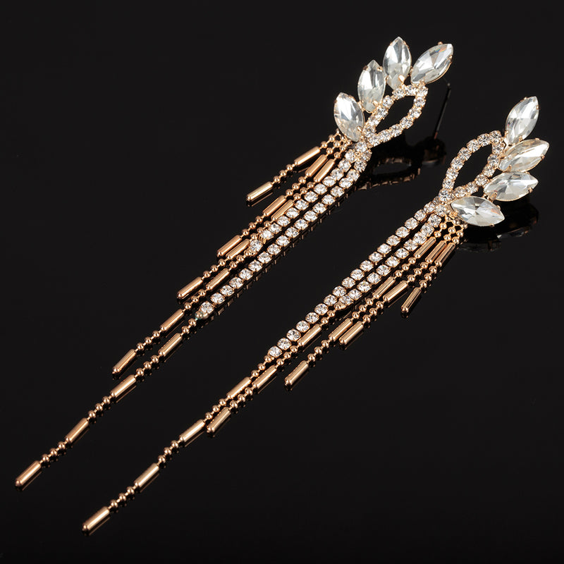 Stylish Crystal Rhinestone Tassel Long Drop Earrings - 2 Styles
