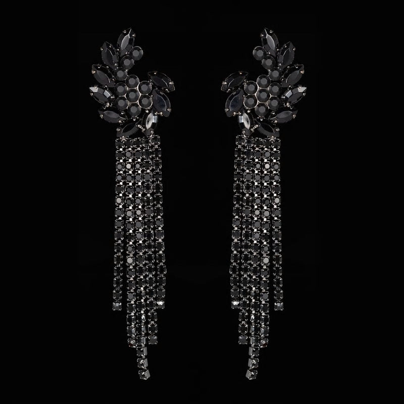 Dazzling Black Long Drop Earrings in Rhinestones|| Western Long Danglers  Earrings Gold plated Alloy| Black Stone Earrings for women and Girls