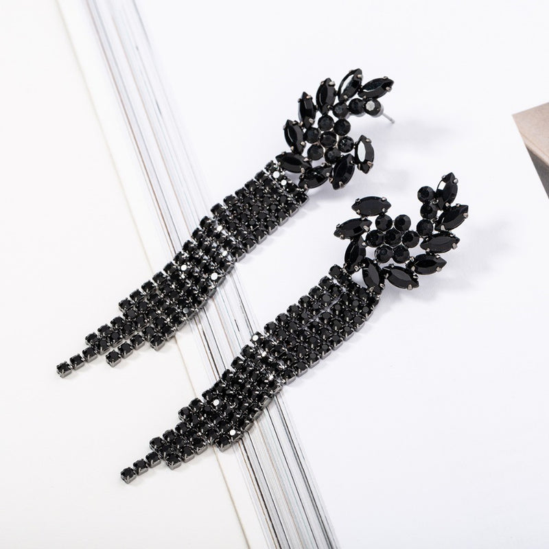 Black Rhinestone Crystal Gothic Long Tassel Drop Earrings