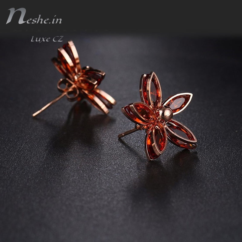 Elegant Red Orange Flower Rose Gold CZ Crystal Stud Earring