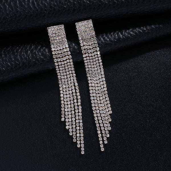 Trendy Silver Crystals Long tassel dangle Earrings