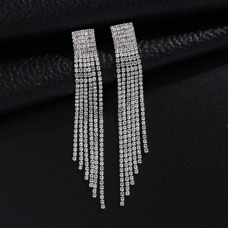 Trendy Silver Crystals Long tassel dangle Earrings – Neshe Fashion