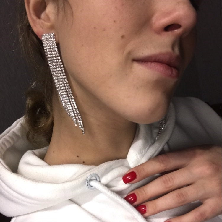 Trendy Silver Crystals Long tassel dangle Earrings