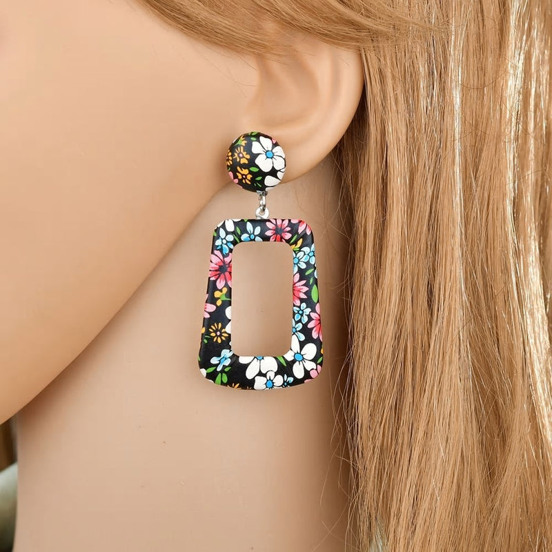 Geometric Flower Print Leather Acrylic Dangle Drop Earrings - 5 Styles