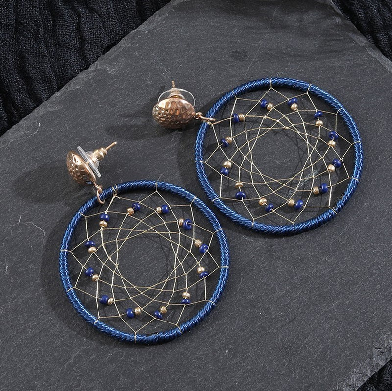 Handmade Vintage Net Round Hoop with Stone Earring -3 Colors