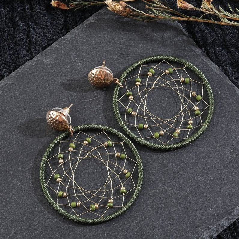 Handmade Vintage Net Round Hoop with Stone Earring -3 Colors