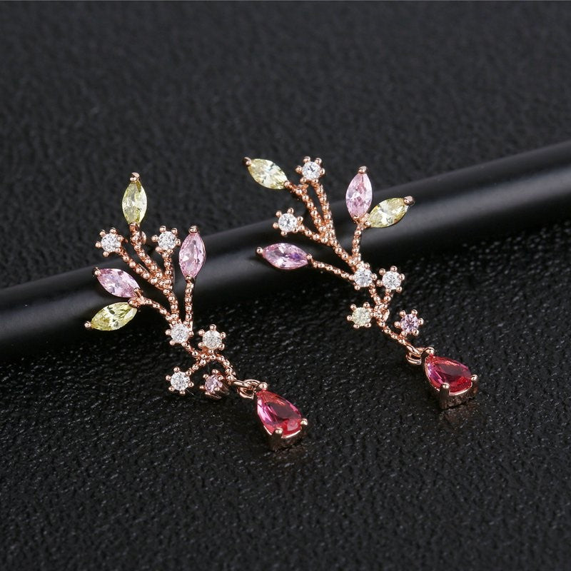 Multicolor CZ Crystals Rose Gold Branch Water Drop Earrings