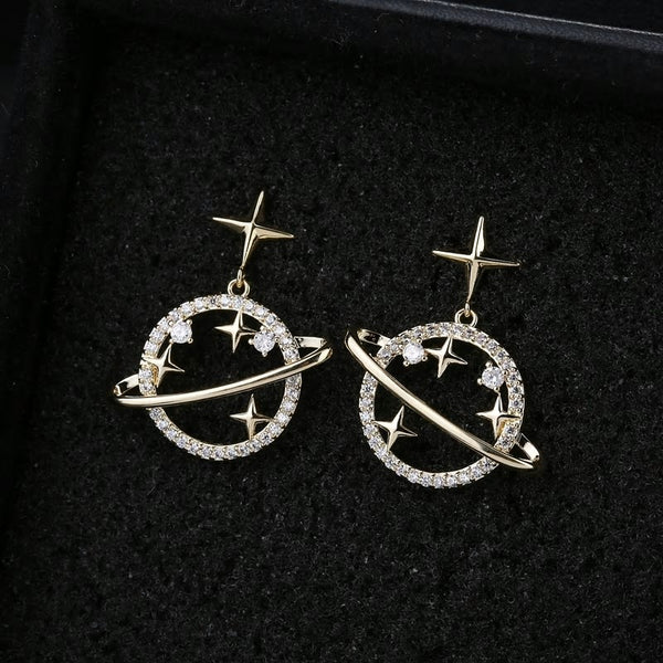 CZ Crystal Saturn Planet Star Golden Drop Earrings
