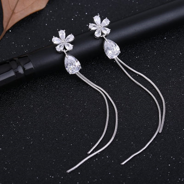 Elegant CZ Crystal Flower Water Drop Tassel Earrings