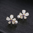 Delicate Golden CZ Crystal & Pearl Flower Stud Earrings