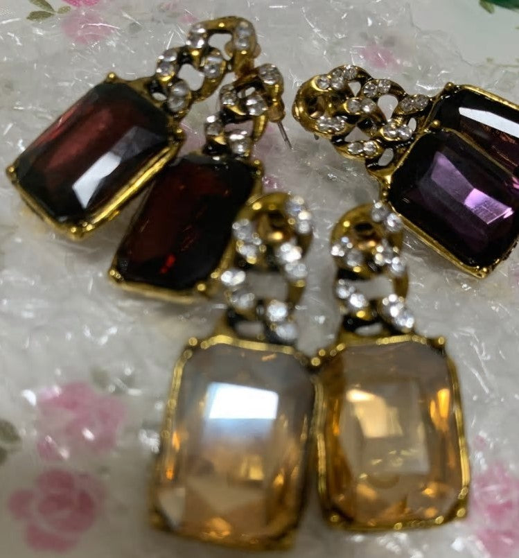 Golden Geometric Square Crystal Drop Stud Earring - 4 Colors