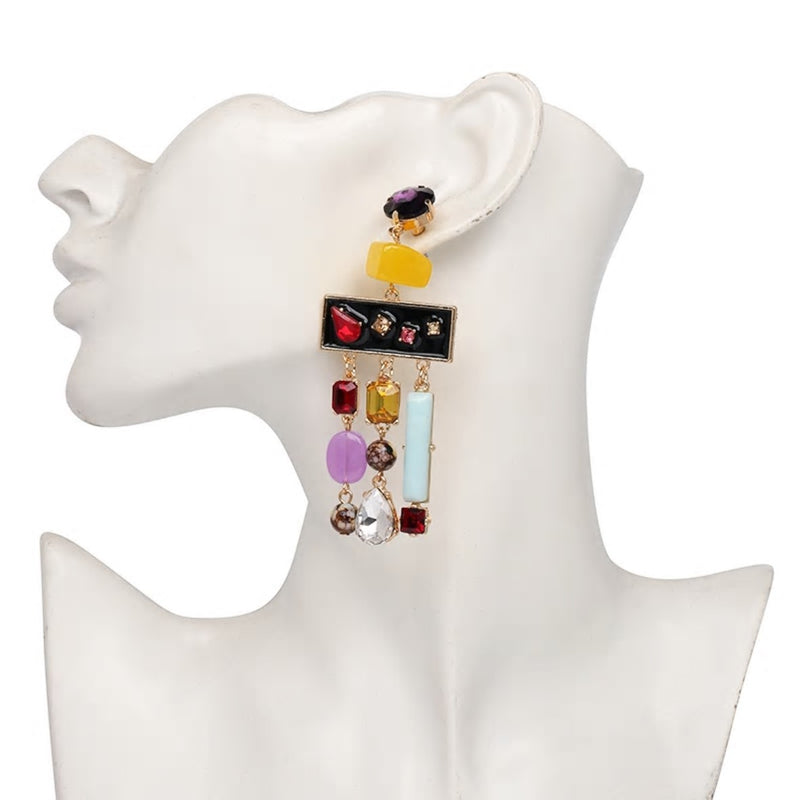 Resin Beads Crystal Tassel Drop Statement Earrings
