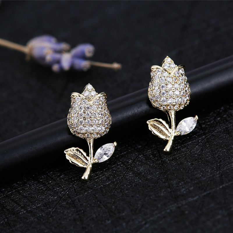 Delicate Micro CZ Crystal Paved Tulip Flower Stud Earrings