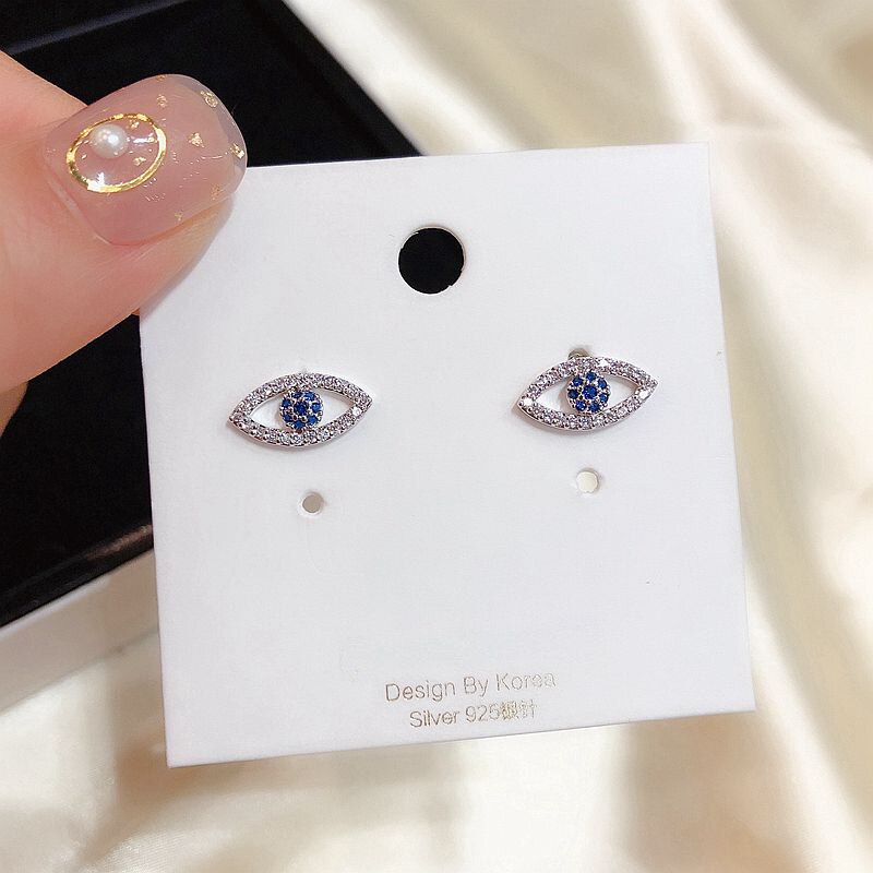 Blue CZ Crystal Silver Evil Eye Earrings