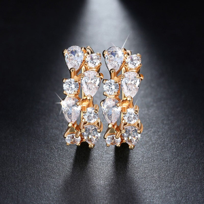 Golden Clear CZ Crystal Exquisite Party Hoop Stud Earrings