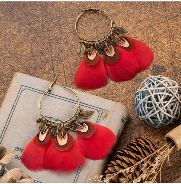 Ethnic Charm Hanging Drop Natural Feather Earrings