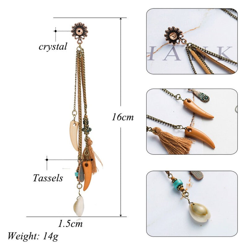 Boho Ethnic Long Dangle Hanging Drop Tassel Earrings with Shell