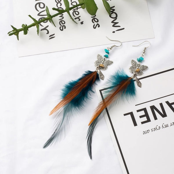 Boho Indian Ethnic Butterfly Feather Dangle Drop Earrings