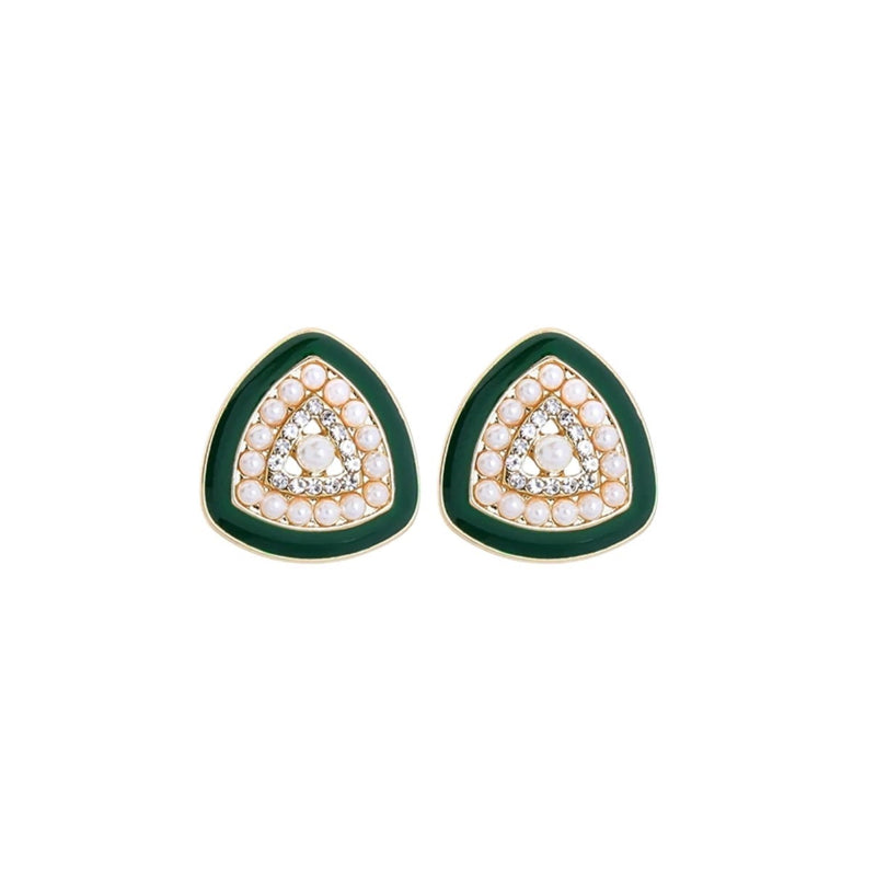 Luxury Imitation Pearl Green Enamel Triangle Earrings