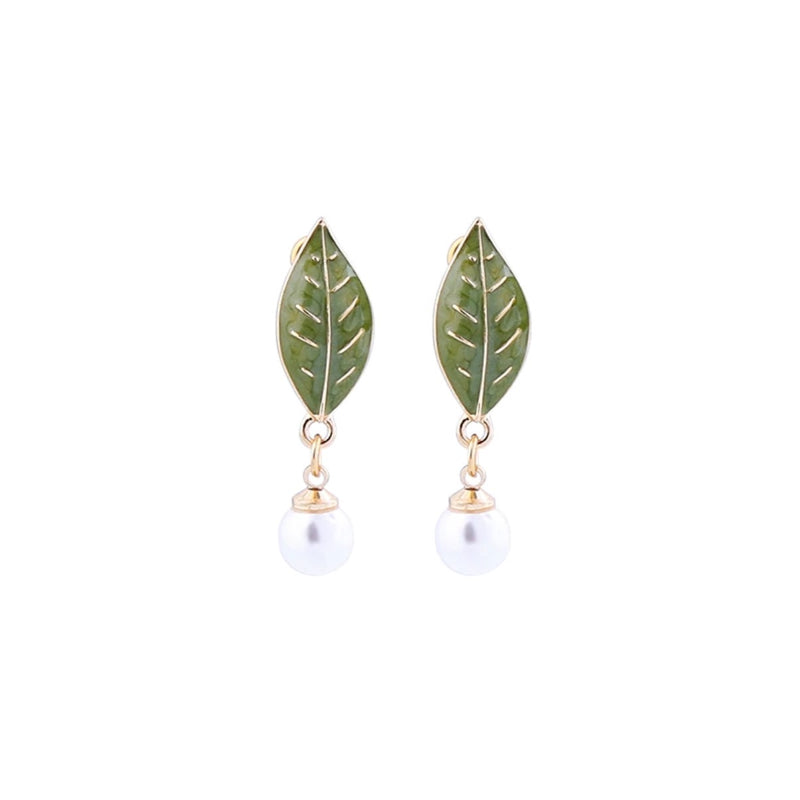 Green Enamel Leaf Pearl Drop Earring