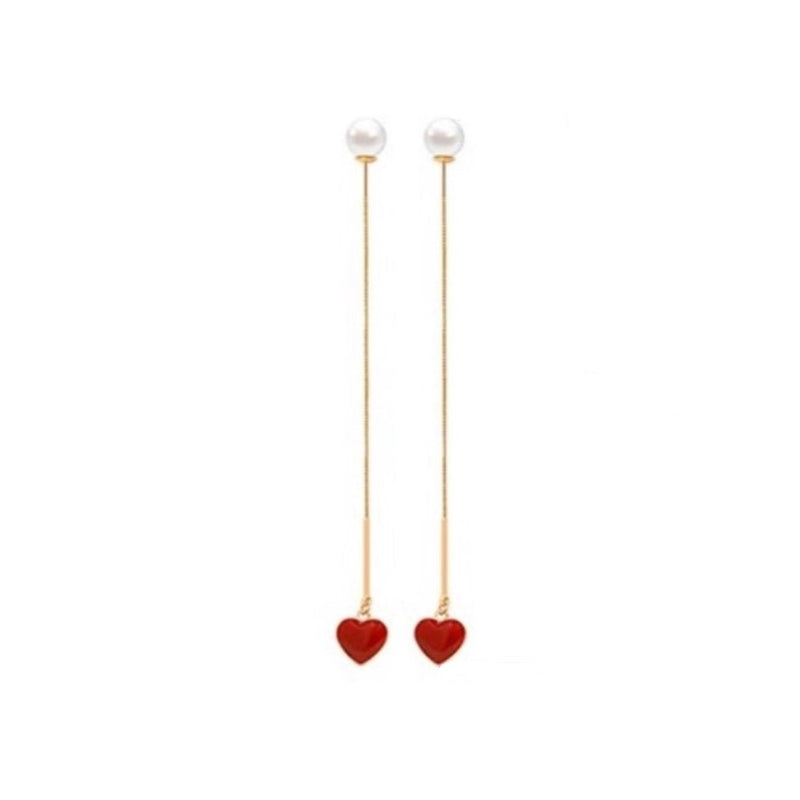 Red Heart Needle Drop Dangle Earrings