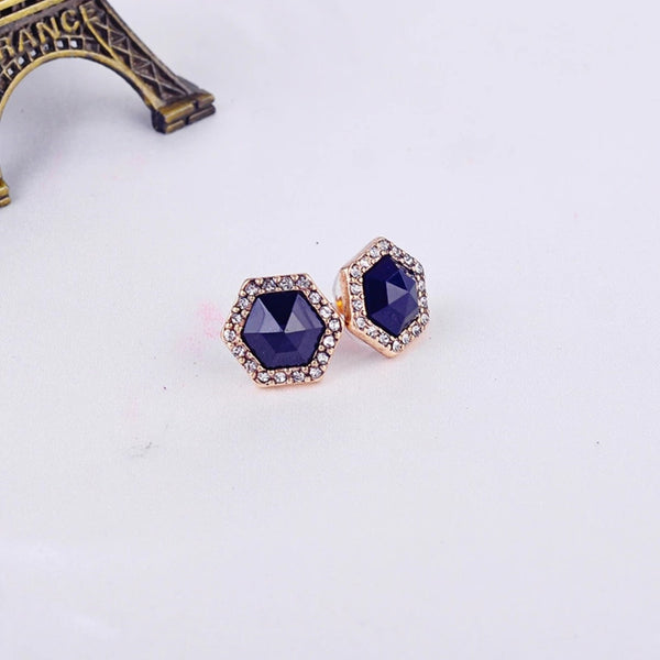 Antique Gold Color Dark Blue Crystal Stud Earrings