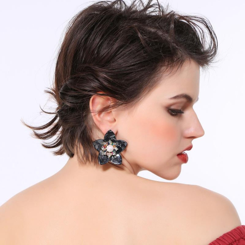 Black Acrylic Flower Crystals Stud Party Earring