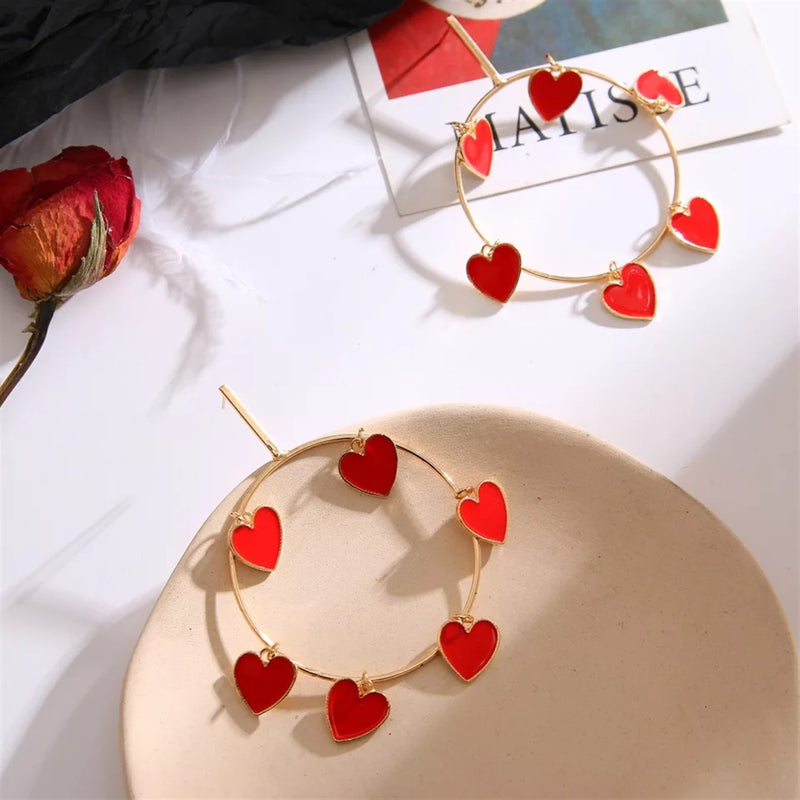 Gold & Silver Oversize Red Heart Round Hoop Big Earrings