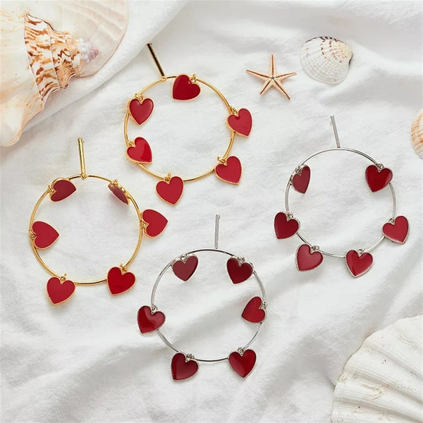 Gold & Silver Oversize Red Heart Round Hoop Big Earrings