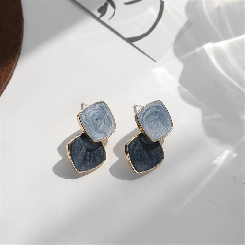 Blue Color Enamel Square Stud Earrings