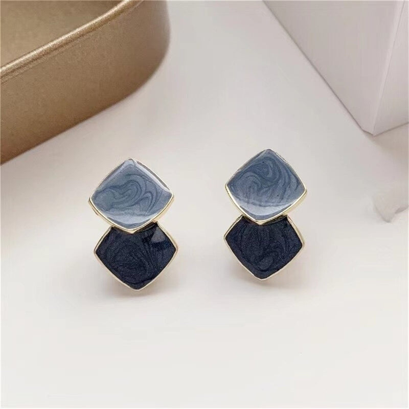 Blue Color Enamel Square Stud Earrings