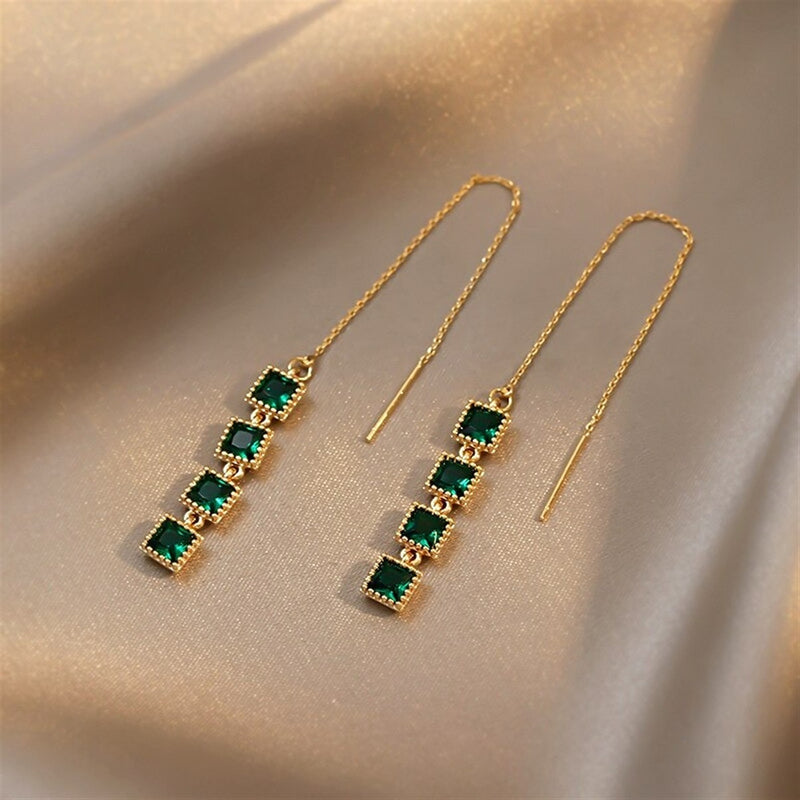 Vintage Square Emerald Green Crystal Tassel Drop Earrings