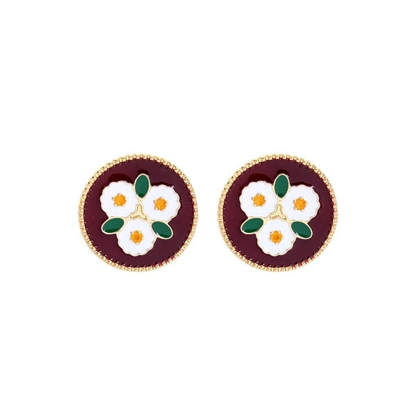Brown Round Enamel Geometric Flower Stud Earrings