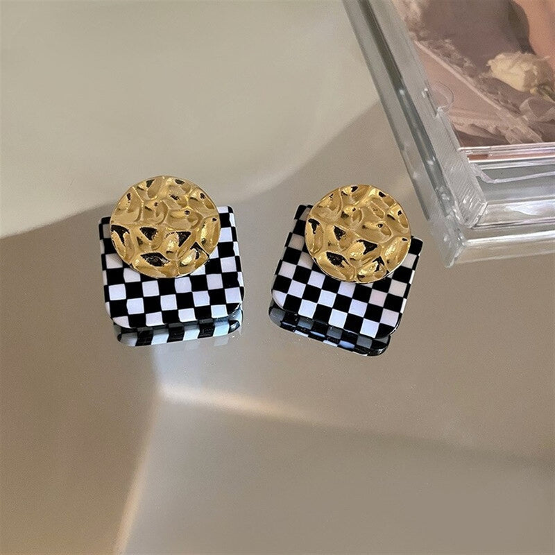Geometric Black & White Checkered Party Stud Earrings