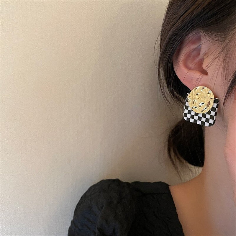 Geometric Black & White Checkered Party Stud Earrings