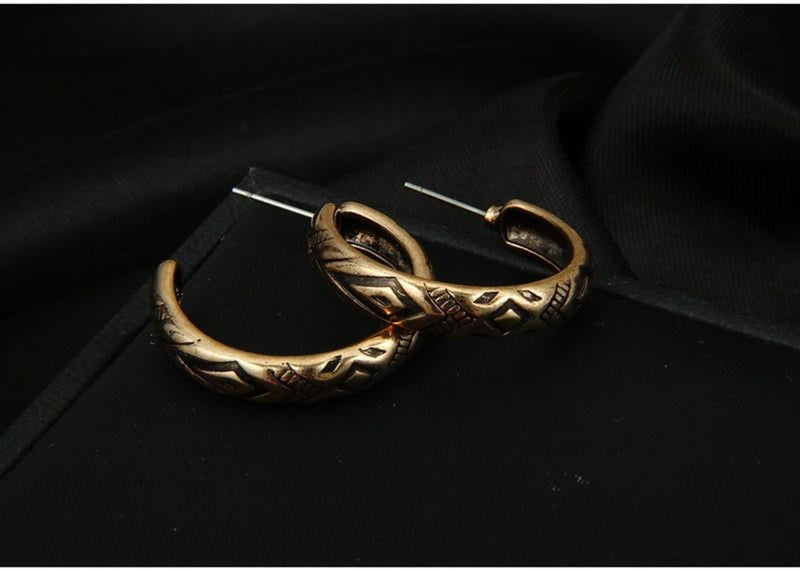 Retro Tibetan Antique Gold Silver Plated Vintage Round Carving Hoop Earrings - 2 Colors - [neshe.in]