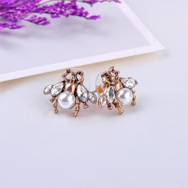 Crystal Pearl Bee Stud Earrings