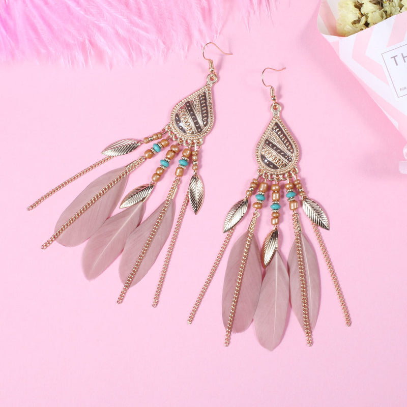Feather Dangle Trendy Water Drop Indian Earrings - 3 Colors - [neshe.in]