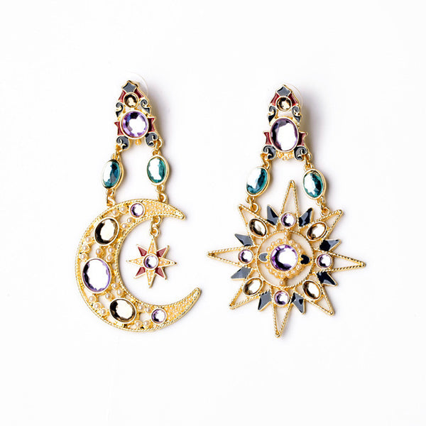 Big Exaggerated Sun And Moon Drop Earrings - [neshe.in]