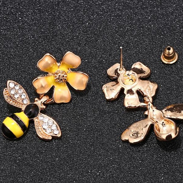 Cute Enamel Bee Yellow Flower Drop  Fashion Earrings - [neshe.in]