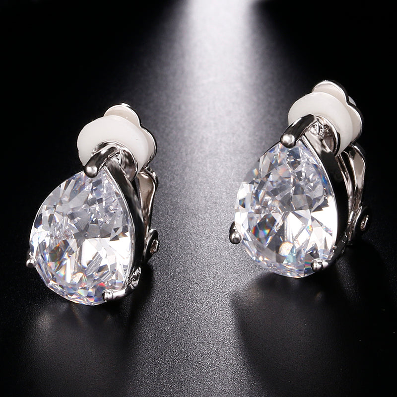 Water Drop CZ Crystal Clip on  Stud Earrings - 5 Styles - [neshe.in]