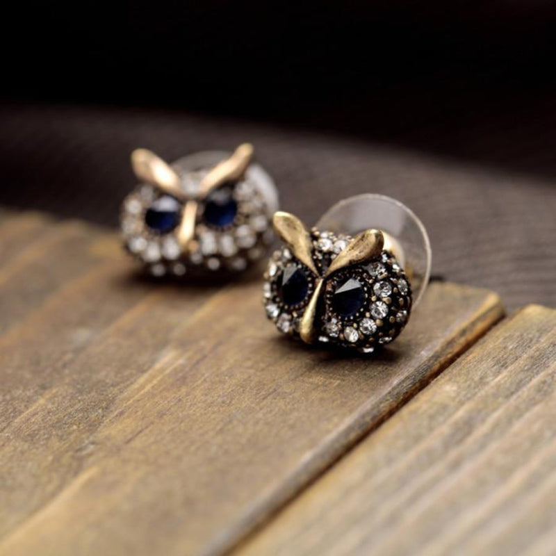 Trendy Metal Crystal Owl Head Stud Earrings - [neshe.in]
