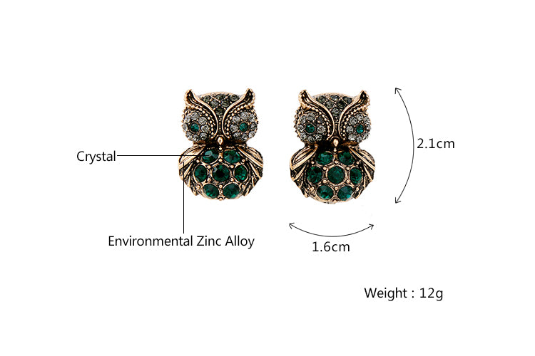 Antique Gold Green Crystal Owl Stud Earrings - [neshe.in]