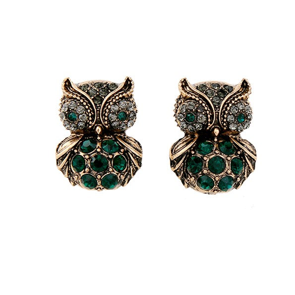 Antique Gold Green Crystal Owl Stud Earrings - [neshe.in]
