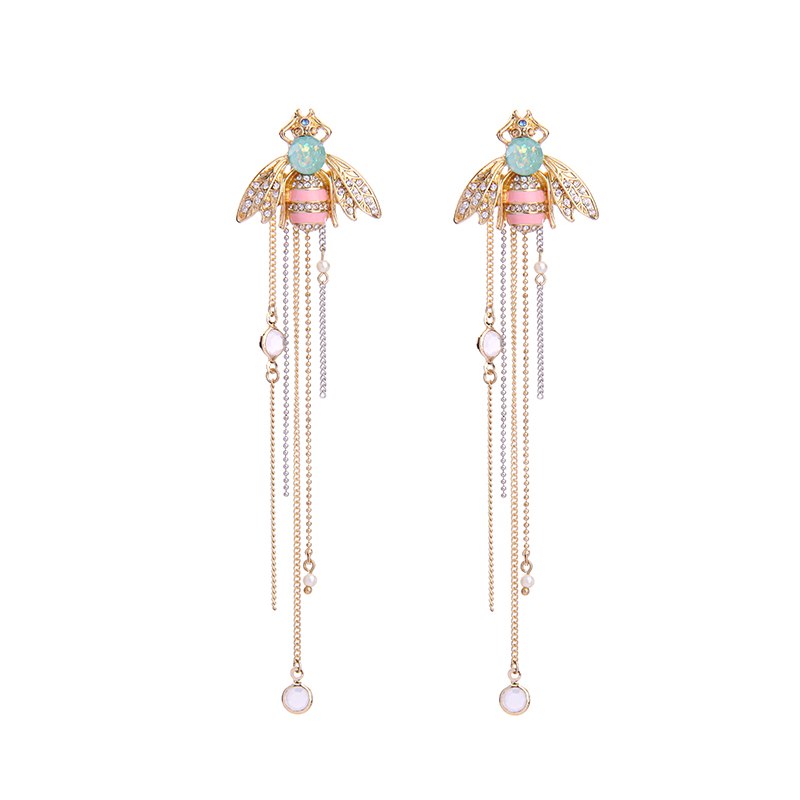 Pink Crystal Insect Bee Tassel Dangle Long Earring - [neshe.in]