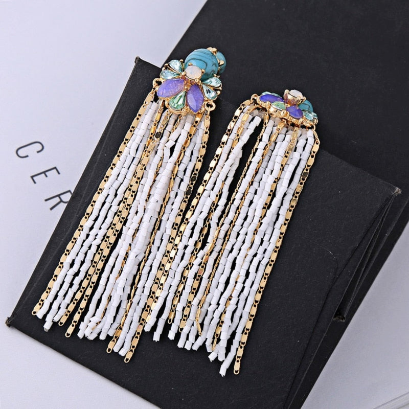 Crystal Ceramic Long Tassel Party Earrings - [neshe.in]