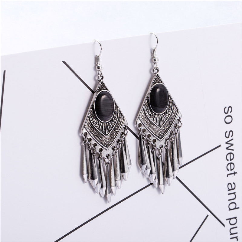 Grey-Blue Opal Antique Silver Ethnic Tassels Earring - [neshe.in]