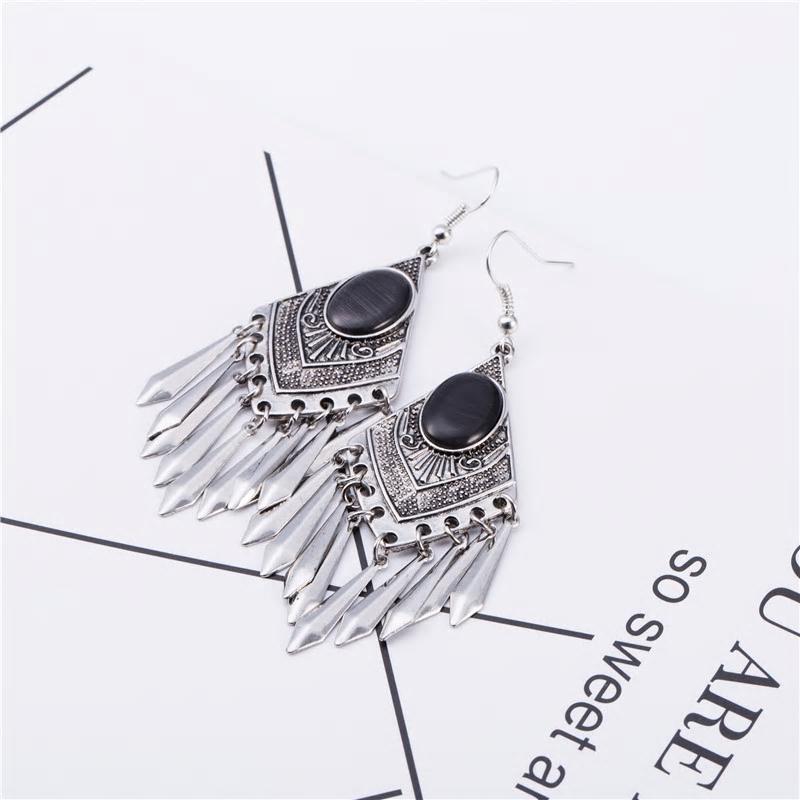Grey-Blue Opal Antique Silver Ethnic Tassels Earring - [neshe.in]