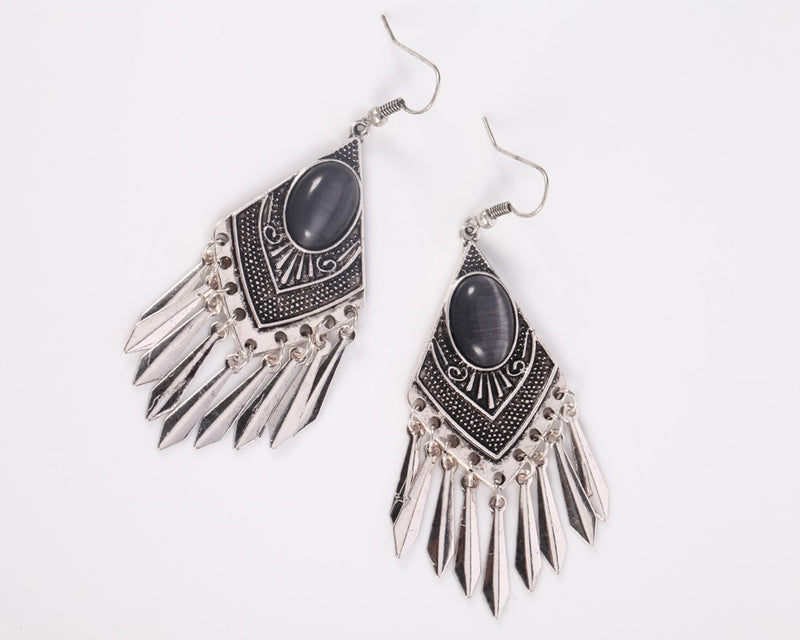 Grey-Blue Opal Antique Silver Ethnic Tassels Earring - [neshe.in]