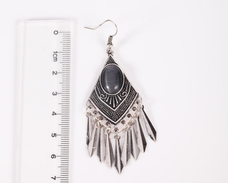 Grey-Blue Opal Antique Silver Ethnic Tassels Earring - [neshe.in]